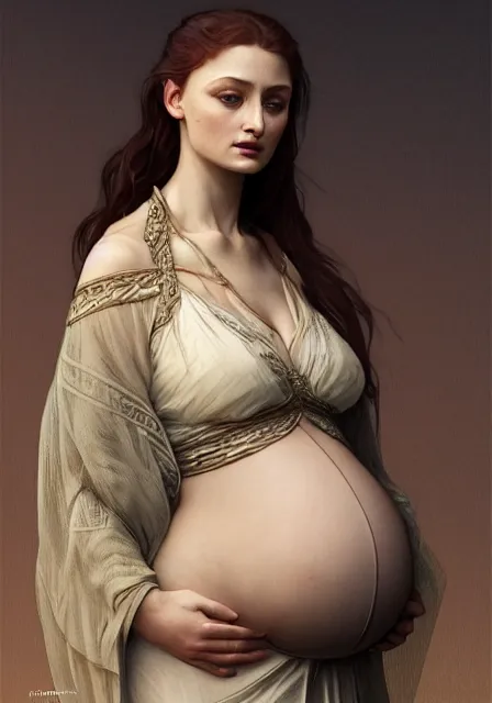 Image similar to sansa pregnant mummy, intricate, elegant, highly detailed, digital painting, artstation, concept art, smooth, sharp focus, illustration, art by artgerm and greg rutkowski and alphonse mucha and william - adolphe bouguereau