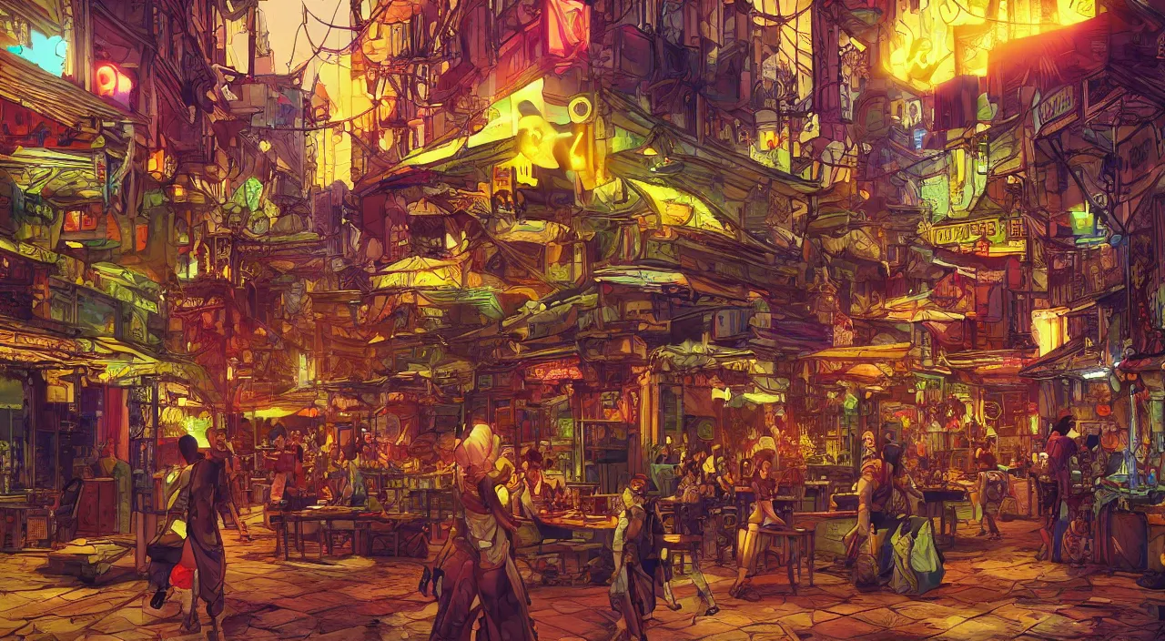 Image similar to bazaar zouk oriantal full color sky shine place mosquet painting digital illustration hdr stylized digital illustration video game icon global illumination ray tracing advanced technology that looks like it is from borderlands and by feng zhu and loish and laurie greasley, victo ngai, andreas rocha, john harris