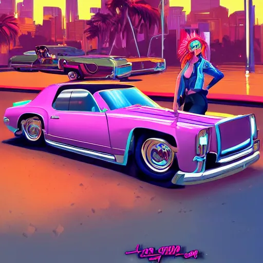 Prompt: swagger! lowrider culture, living large in the city by tyler edlin, editorial, bold colors, detailed, bold colors, miami vice, incredible lighting, great composition, artstation