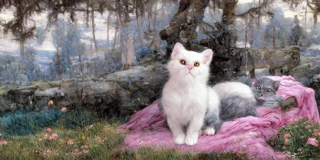 Prompt: 3 d precious moments plush cat with realistic fur and an blue / white / gray / green / pink / tan / mid pink / blue gray color scheme, snowy mountain landscape, dark lord, occult, master painter and art style of john william waterhouse and caspar david friedrich and philipp otto runge