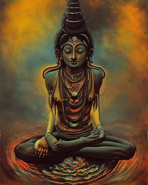 Prompt: One many-armed Shiva sits in the lotus position. In the background gasoline on the water. Dark colors, extremely high detail, hyperrealism, masterpiece, close-up, ceremonial portrait, solo, rich deep colors, realistic, art by Yoshitaka Amano, Beksinski