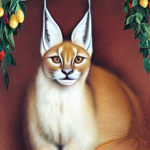 Prompt: fullbody portrait of cute fluffy caracal, wearing laurel wreath on his head, illustration, high detail, francine van hove