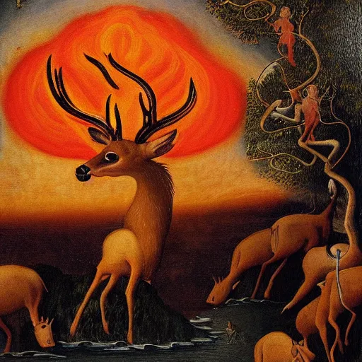 Prompt: bosch painting of a deer god hovering a lake of fire from where people try to escape