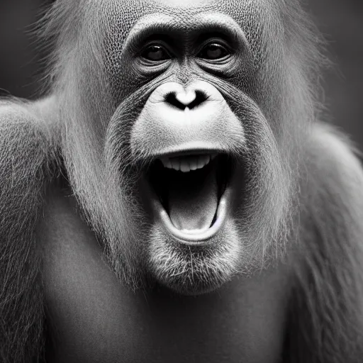 Prompt: Orangutan, monkey looking like Joe Biden, grey scale face, intricate, wild, highly detailed, hybrid animal, looking like human, sharp focus