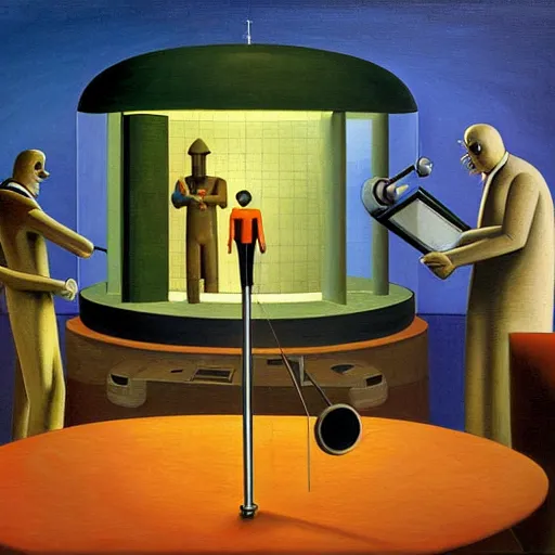 Image similar to robotic scientists in a dome - shaped control center, grant wood, pj crook, edward hopper, oil on canvas