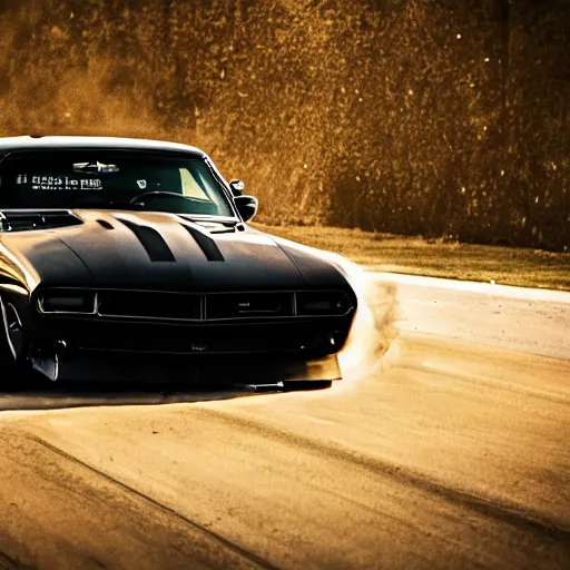 Prompt: muscle car drifting around a corner
