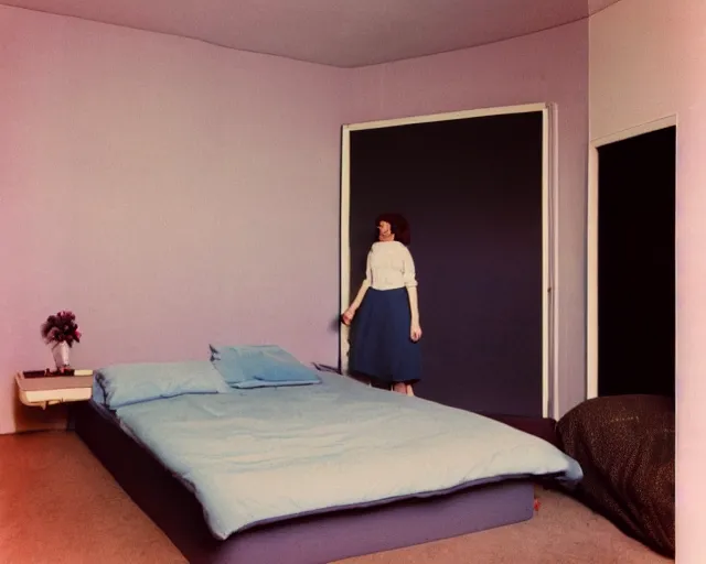 Image similar to a woman standing in a bedroom next to a bed, a colorized photo by Wilhelm Sasnal, tumblr, precisionism, 1970s, matte photo, provia