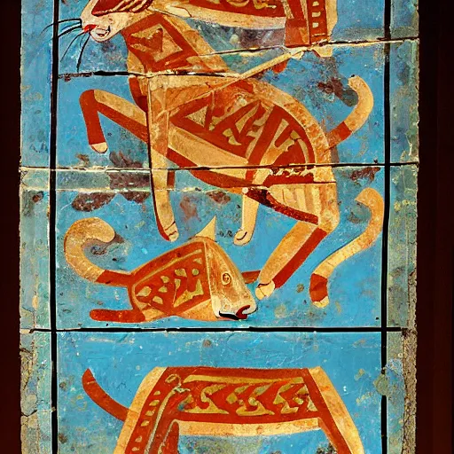 Prompt: decorative minoan mural depicting cats, well - preserved fresco painting