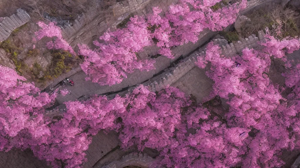 Prompt: arial view of pink cherry blossom trees growing in the great wall of china, andreas achenbach, artgerm, mikko lagerstedt, zack snyder, tokujin yoshioka