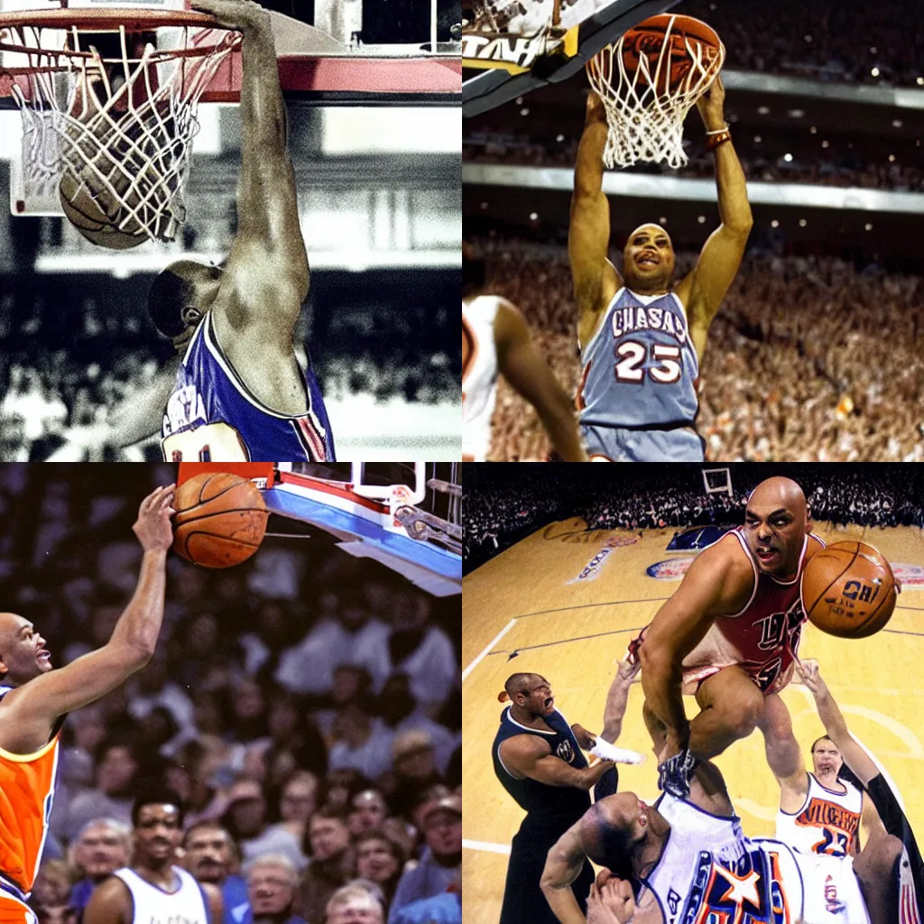 Prompt: Charles Barkley performing the Chaos Dunk