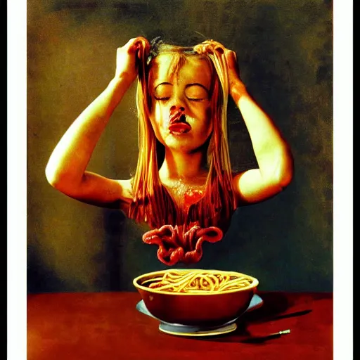 Prompt: girl eats spaghetti and crying spaghetti, style of Salvador Dali