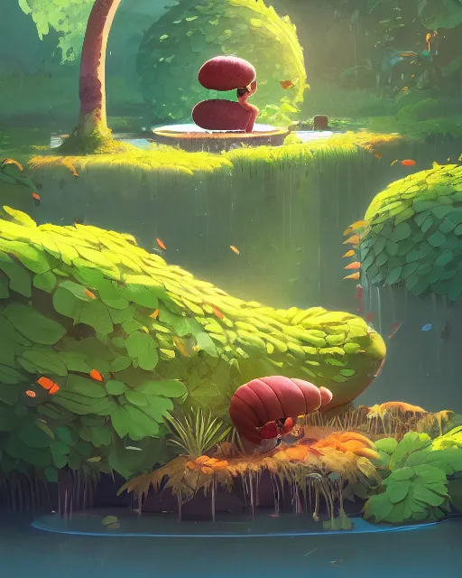 Image similar to a giant caterpillar taking a bath in a well with lush vegetation around in autumn, cory loftis, james gilleard, atey ghailan, makoto shinkai, goro fujita, character art, rim light, exquisite lighting, clear focus, very coherent, plain background, soft painting