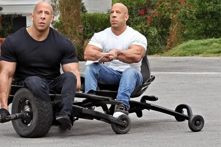 Image similar to Vin Diesel driving a wheelbarrow