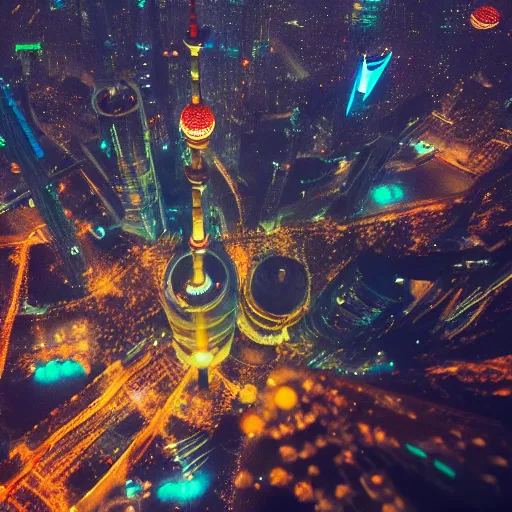 Image similar to a girl flying upon shanghai lujiazui in the night, bird view, cityscape, rain, artstation, 8 k