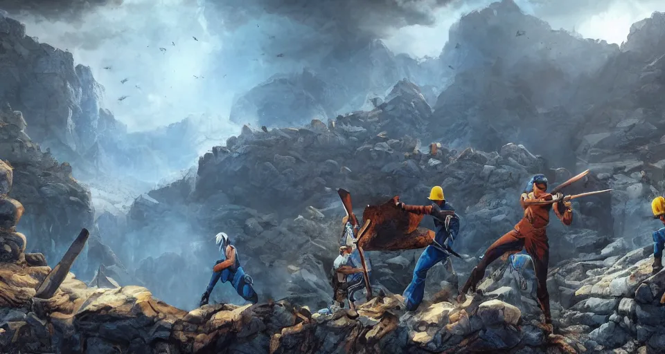 Image similar to An epic fantasy comic book style landscape painting of young breaker boys working in the mines to break ore, unreal 5, DAZ, hyperrealistic, octane render, dynamic lighting