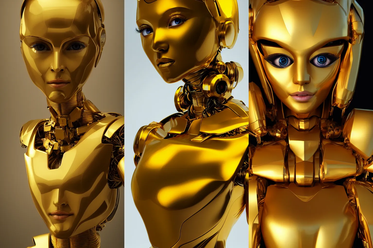 Prompt: maria of metropolis, the golden humanoid robot, beautiful face, full length portrait, scifi, futuristic, raytracing, dreamy, yellow cyborg eyes, sharp focus, cinematic lighting, highly detailed, artstation, divine, by gauthier leblanc, kazuya takahashi, huifeng huang