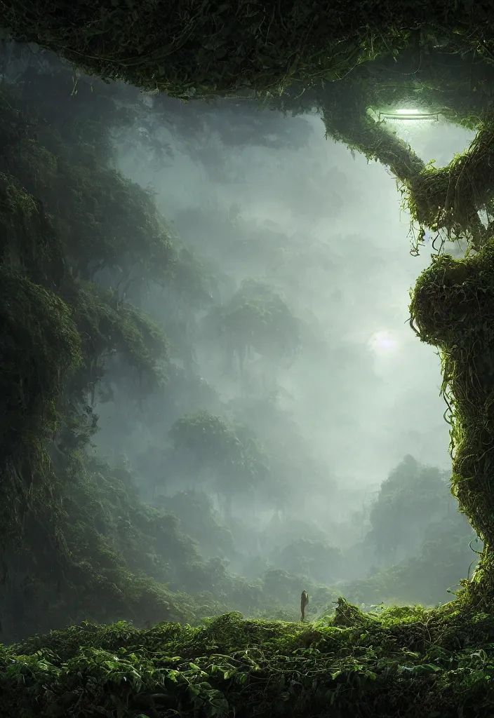 Prompt: beautiful matte painting by arthur gurin concept art of ancient alien ufo wrapped in vines and hovering in the middle of a jungle, atmospheric lighting, painted, intricate, volumetric lighting, sense of scale, mysterious, rich deep colors masterpiece, sharp focus, ultra detailed, view from bottom