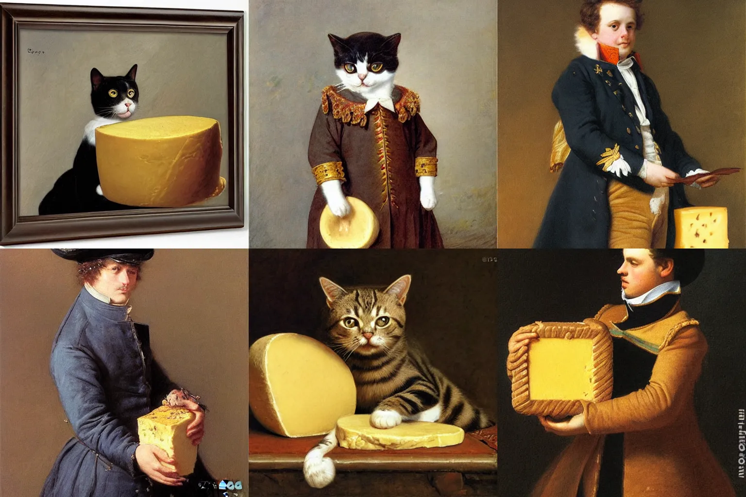 Prompt: a cat dressed as Napoleon holding cheese by Eugene de Blaas