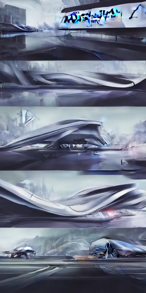 Image similar to sci-fi car zaha hadid wall structure logotype and car on the coronation of napoleon and digital billboard in the middle artwork in style of Ruan Jia Sheng Lam