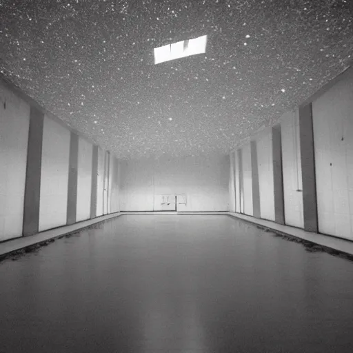 Image similar to A long, dark hall; the floor is made of white tiles. The ceiling has a small circular hole in it with faintly glowing stars visible through it at night time. There are no windows or other exits.