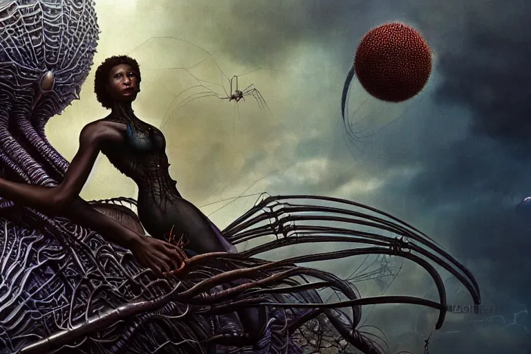 Image similar to realistic detailed closeup portrait movie shot of a beautiful black woman riding a giant spider, dystopian city landscape background by denis villeneuve, amano, yves tanguy, alphonse mucha, max ernst, ernst haeckel, edward robert hughes, roger dean, cyber necklace, rich moody colours, sci fi patterns, wide angle