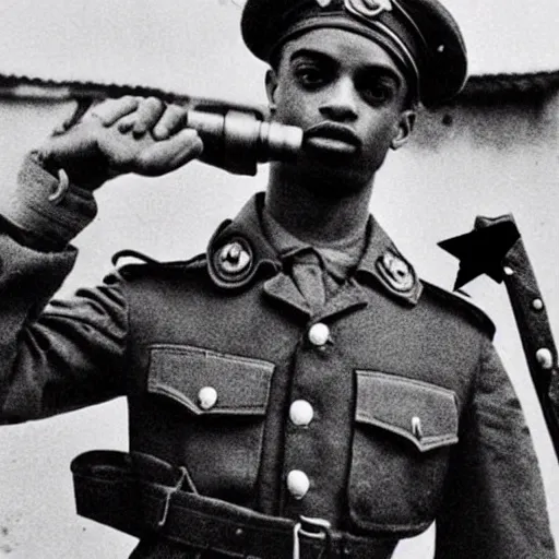 Image similar to playboi carti as a german world war ii soldier captured on a old camera 4 k detailed super realistic