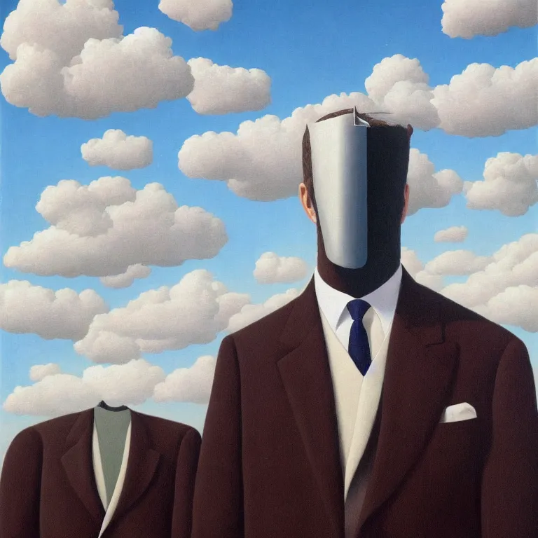 Image similar to portrait of a faceless chrome - head man in a suit, clouds in the background, by rene magritte, detailed painting, distance, centered, hd, hq, high resolution, high detail, 4 k, 8 k