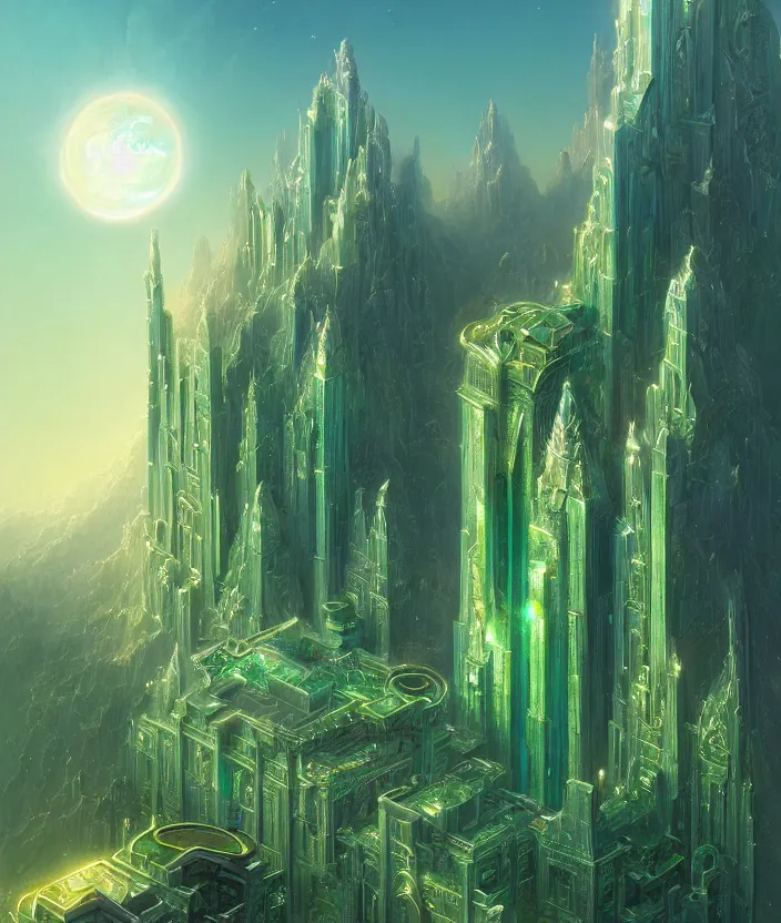 Image similar to a detailed digital painting of a crystalline palace made of gleaming emeralds, by moebius and tyler edlin and lee madgwick, trending on artstation, digital art, 4 k resolution, detailed, beautiful render, octane render, high quality, sharp focus, hq artwork, coherent, insane detail, concept art