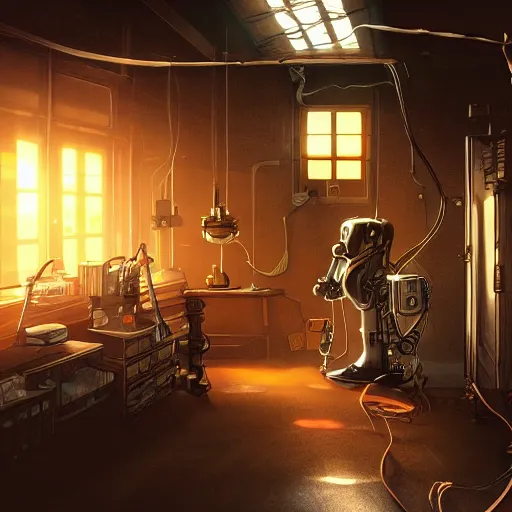 Image similar to old room full of cable, steampunk, robot, laboratory, sun shaft, indoor, interior, artstation, realistic, gibli style