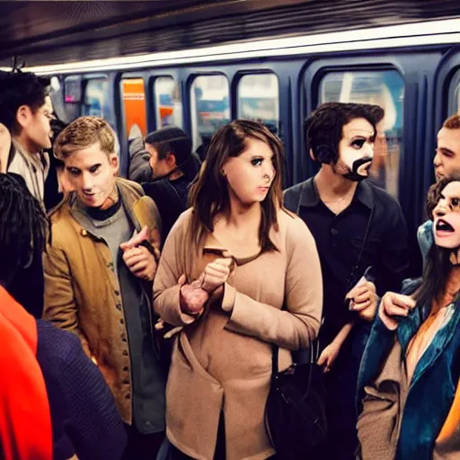 Image similar to A group of friends talking while standing inside a crowded compartment of the New York metro with people in Halloween costumes, cinematic, 4k, thriller