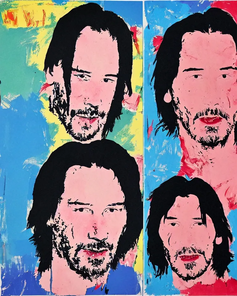 Image similar to keanu reeves caricature, painted by andy warhol