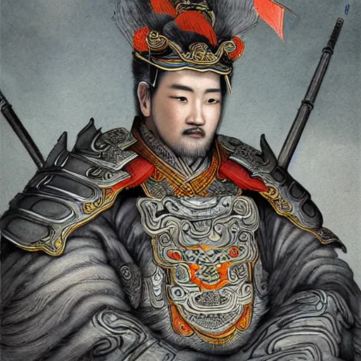 Image similar to dynamic composition, motion, ultra-detailed, incredibly detailed, a lot of details, amazing fine details and brush strokes, colorful and grayish palette, smooth, HD semirealistic anime CG concept art digital painting, watercolor oil painting of a Tang Ming dynasty chinese tao fantasy general wearing armor, from Three Kingdoms, by a Chinese artist at ArtStation, by Huang Guangjian, Fenghua Zhong, Ruan Jia, Xin Jin and Wei Chang. Realistic artwork of a Chinese videogame, gradients, gentle an harmonic grayish colors.