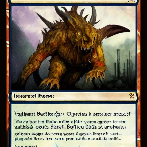 Prompt: very high resolution photo of a magic the gathering card called the bugblatter beast.