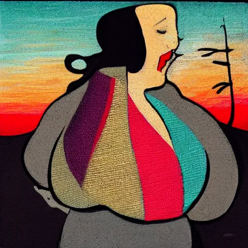 Image similar to beautiful sunset, fat woman dancing, cubism, muted colors, texture