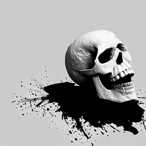 Image similar to photo of a letter S on a white background with ink splatter forming a skull