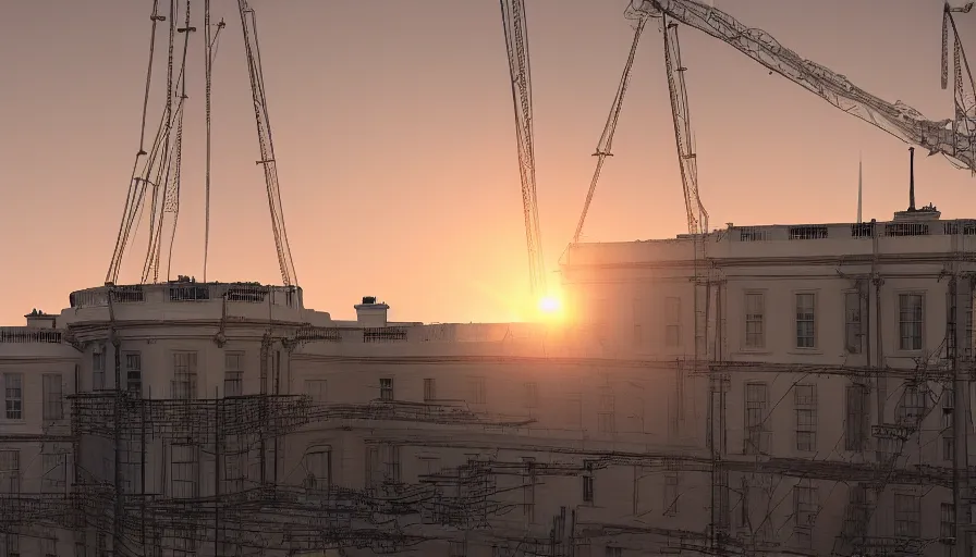 Prompt: people rebuilding white house in washington dc, scaffolding, sunset, volumetric light, hyperdetailed, artstation, cgsociety, 8 k