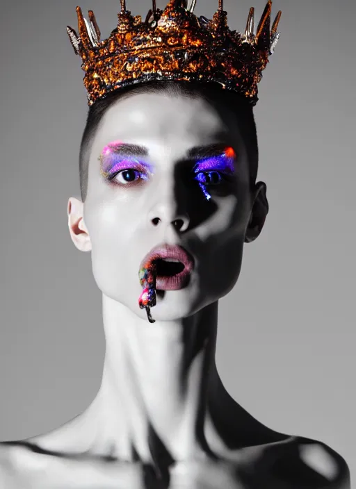 Image similar to photo of baroque and bladerunner delicate neon diamond sculpture of ceramic albino king adrien sahores seductive delicious lip licking, creamy orange iridescent humanoid deity wearing white fluffy hoody holding diamond skull in a black metallic dungeon, reclining, glowing rainbow face, crown of white diamonds, cinematic lighting, photorealistic, octane render 8 k depth of field 3 d