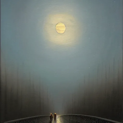 Prompt: A beautiful painting of person walking on the bridge , moon shining in the sky, trending on artstation, oil on canvas by Casper David Friedrich