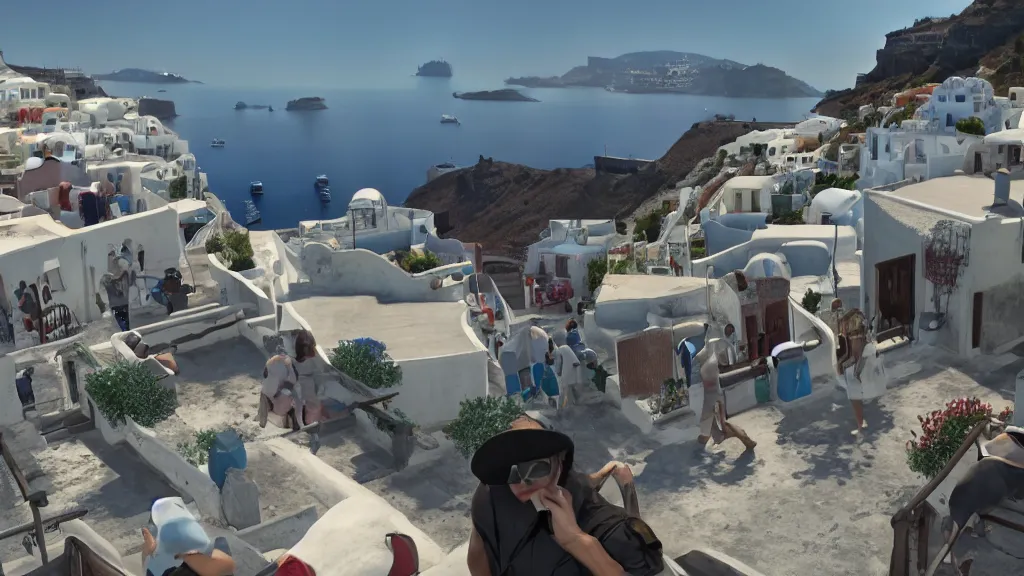 Prompt: Screenshot from Watchdogs in Santorini