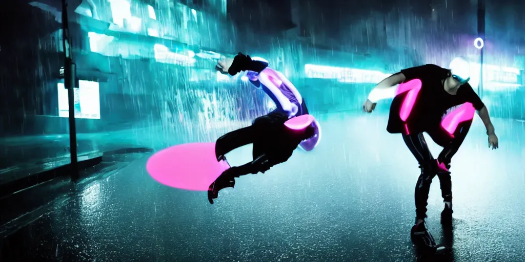 Image similar to cinematic slow motion camera wide angle of slow motion film still of futuristic break dancer wearing latex with neon lights, long exposure shot , motion blur, at night in the middle of a rainy and foggy surreal streer, paddle of water, water splashes, rim lights, glossy reflections, water droplets on lens, octane render, depth of field, detailed and soft, by laurie greasley