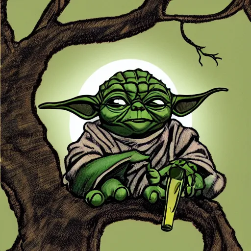 Prompt: yoda sitting in a tree, illustration by mike willcox