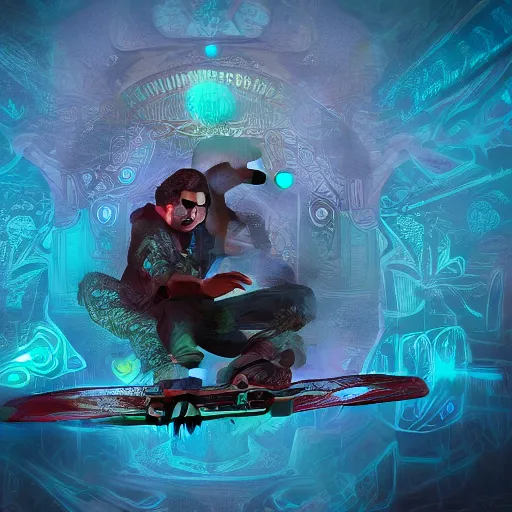 Image similar to beautiful symmetrical boy on a skateboard surrounded by machine axonometric fantasy intricate elegant highly detailed in volumetric turquoise steampunk, high contrast cinematic light, mystical shadows, octane render, photographic, unreal engine 8 k