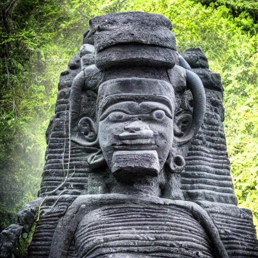 Image similar to weathered Maya stone statue of an alien in front of a wide, foggy valley with beautiful waterfall in the jungle, award winning photography, 8k