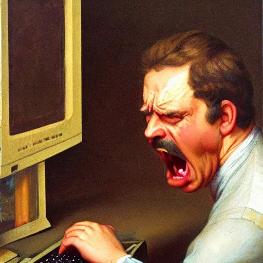 Image similar to an angry man yells at his computer monitor, oil on canvas, 1 8 8 3, highly detailed