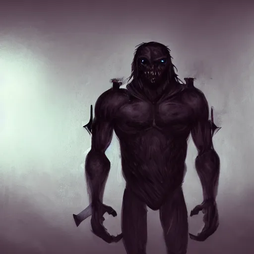 Prompt: [ horrific anthropomorphic pitch black muscular creature with glowing white eyes, holding a sword ]! standing in an [ immensely dark corridor ]!, digital art style, concept art, trending on [ artstation ], contest winner, award winning, 4 k quality