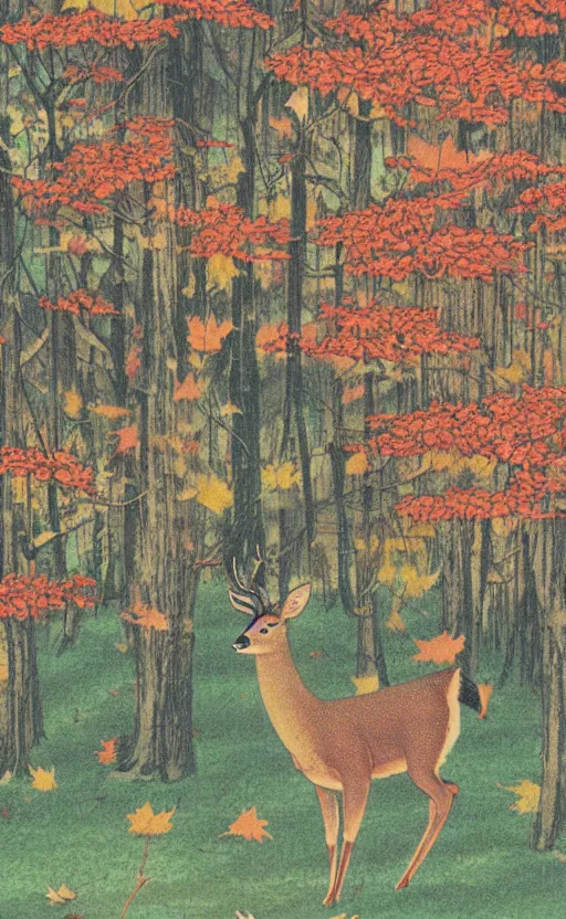 Image similar to by akio watanabe, manga art, deer jumping around maple forest, fall season, trading card front