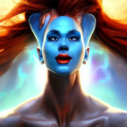 Image similar to all powerful genie, ecstatic, infinite power, manic, perfect eyes, full body shot, magical being, magic, portrait, noble, transformation, vivid colors, elegant, concept art, sharp focus, digital art, Hyper-realistic, 4K, Unreal Engine, Highly Detailed, HD, Dramatic Lighting by Brom, trending on Artstation