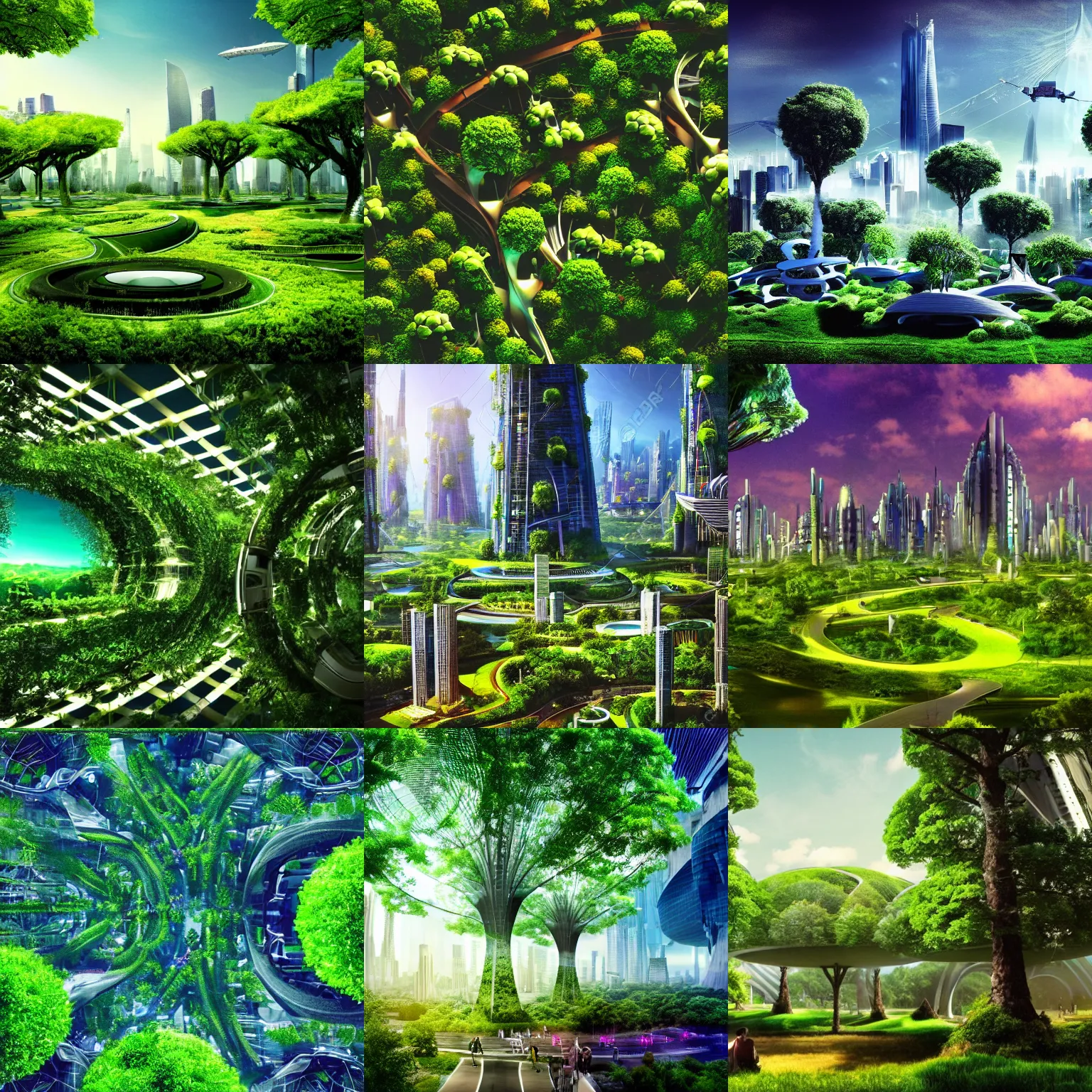 Image similar to a futuristic green utopian city, abundance, life, beauty, trees, movie still