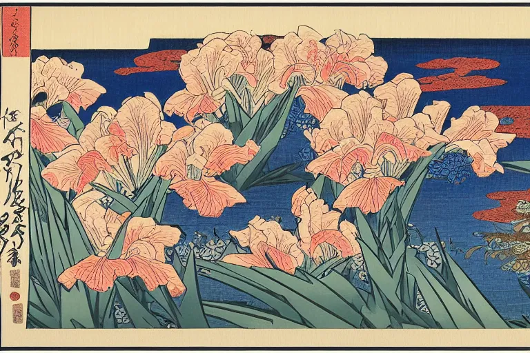 Image similar to a masterful ukiyo - e print of irises by katsushika hokusai, utagawa kuniyoshi and utagawa hiroshige, hyperdetailed, intricate, colorful, illustration, complex, closeup, 4 k