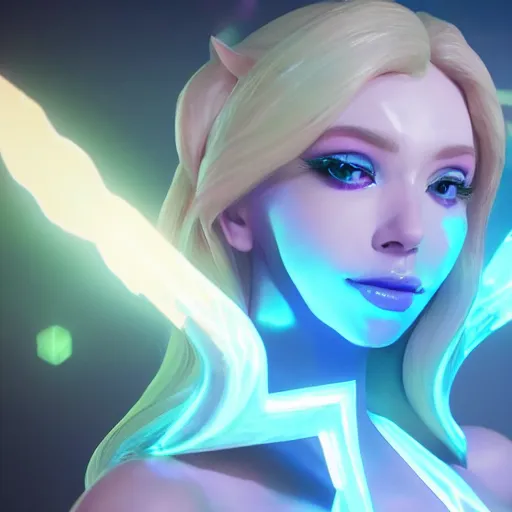 Image similar to still of pretty Lux (League of Legends) in KDA More music video. 3d render, octane render, game art, realistic, highly detailed, trending on artstation, 4k, trending on artstation, pixar, cgsociety, unreal engine 5, redshift render, trending on artstation, blender, behance, cg